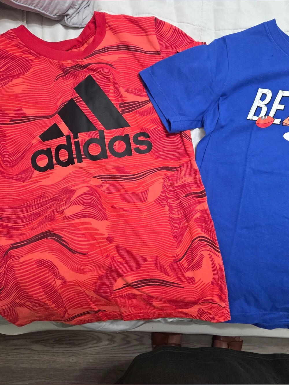 Adidas Red and Black Marbled Short Sleeve Tee + Royal Blue Graphic Tee